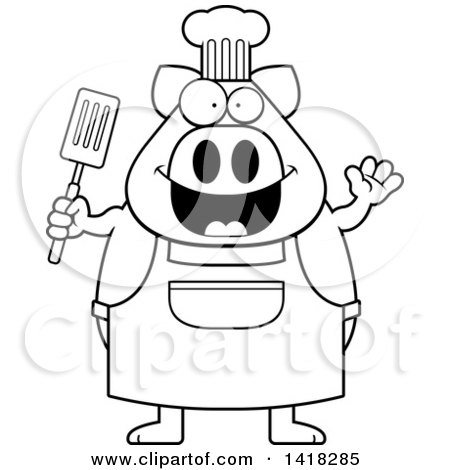 Cartoon Clipart of a Black and White Lineart Chef Pig Waving and Holding a Spatula - Royalty Free Vector Illustration by Cory Thoman