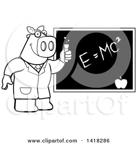 Cartoon Clipart of a Black and White Lineart Professor or Scientist Pig by a Chalkboard - Royalty Free Vector Illustration by Cory Thoman