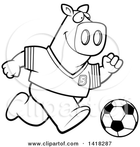 Cartoon Clipart of a Black and White Lineart Sporty Pig Playing Soccer - Royalty Free Vector Illustration by Cory Thoman