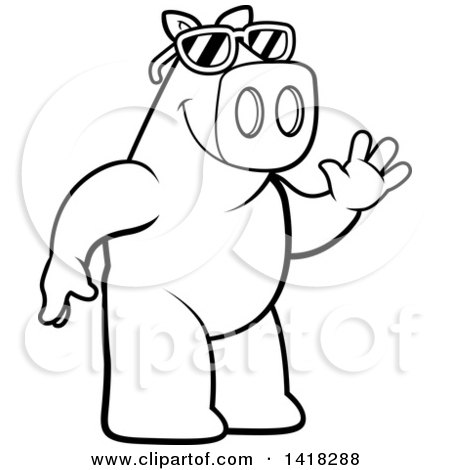 Cartoon Clipart of a Black and White Lineart Friendly Pig Wearing Sunglasses and Waving - Royalty Free Vector Illustration by Cory Thoman