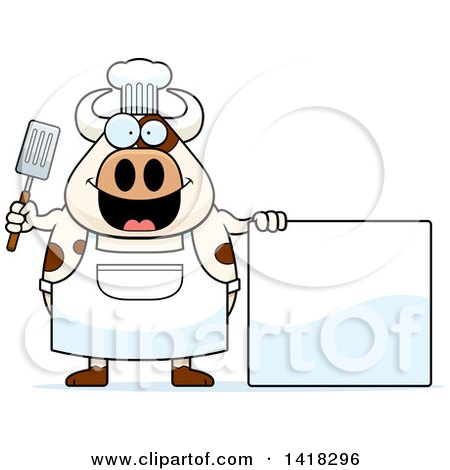 Cartoon Clipart of a Chef Cow Holding a Spatula by a Blank Sign - Royalty Free Vector Illustration by Cory Thoman