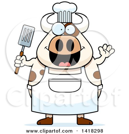 Cartoon Clipart of a Chef Cow Waving and Holding a Spatula - Royalty Free Vector Illustration by Cory Thoman