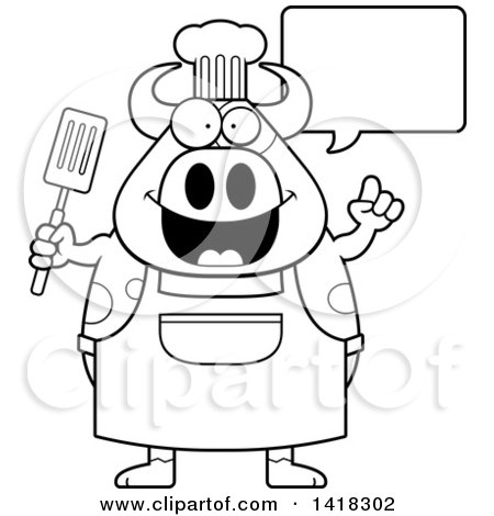 Cartoon Clipart of a Black and White Lineart Chef Cow Talking and Holding a Spatula - Royalty Free Vector Illustration by Cory Thoman