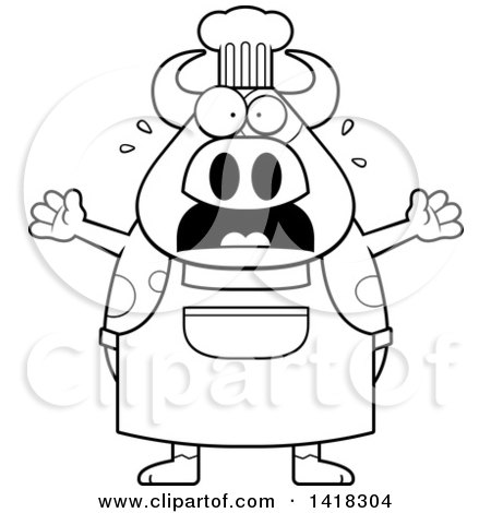 Cartoon Clipart of a Black and White Lineart Scared Chef Cow Screaming - Royalty Free Vector Illustration by Cory Thoman