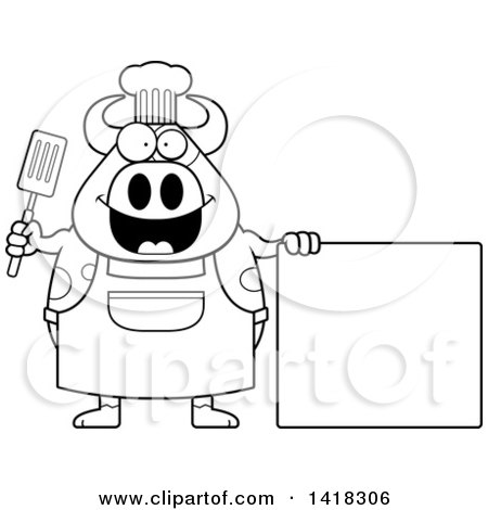 Cartoon Clipart of a Black and White Lineart Chef Cow Holding a Spatula by a Blank Sign - Royalty Free Vector Illustration by Cory Thoman