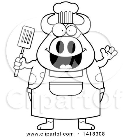 Cartoon Clipart of a Black and White Lineart Chef Cow Waving and Holding a Spatula - Royalty Free Vector Illustration by Cory Thoman