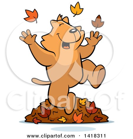 Cartoon Clipart of a Happy Ginger Cat Playing in Autumn Leaves - Royalty Free Vector Illustration by Cory Thoman