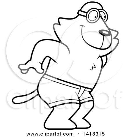 Cartoon Clipart of a Black and White Lineart Swimmer Cat Diving - Royalty Free Vector Illustration by Cory Thoman