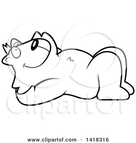 Cartoon Clipart of a Black and White Lineart Relaxed Cat Resting on His Back and Stargazing - Royalty Free Vector Illustration by Cory Thoman