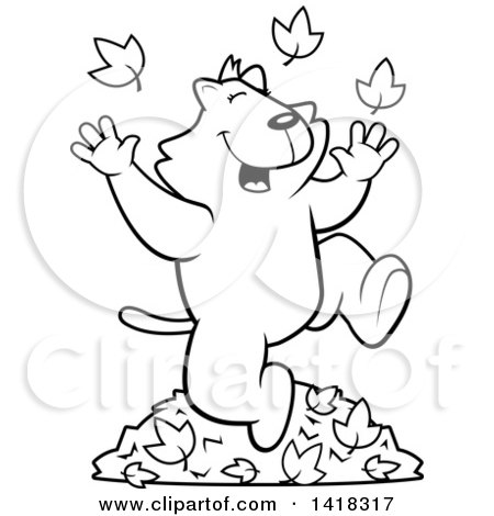 Cartoon Clipart of a Black and White Lineart Happy Cat Playing in Autumn Leaves - Royalty Free Vector Illustration by Cory Thoman