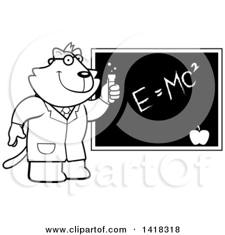 Cartoon Clipart of a Black and White Lineart Professor or Scientist Cat by a Chalkboard - Royalty Free Vector Illustration by Cory Thoman