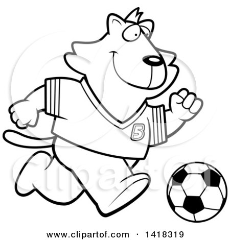 Cartoon Clipart of a Black and White Lineart Sporty Cat Playing Soccer - Royalty Free Vector Illustration by Cory Thoman