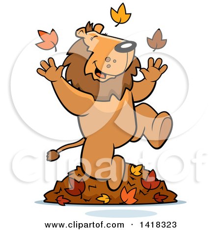 Cartoon Clipart of a Happy Lion Playing in Autumn Leaves - Royalty Free Vector Illustration by Cory Thoman