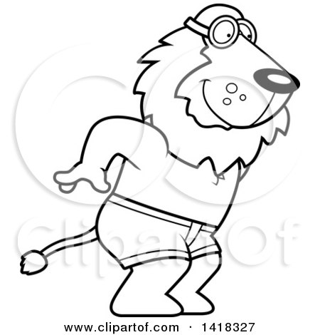 Cartoon Clipart of a Black and White Lineart Swimmer Lion Diving - Royalty Free Vector Illustration by Cory Thoman