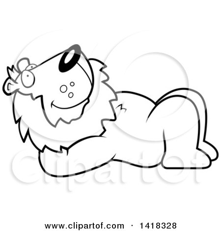 Cartoon Clipart of a Black and White Lineart Relaxed Lion Resting on His Back and Stargazing - Royalty Free Vector Illustration by Cory Thoman