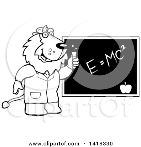 Cartoon Clipart of a Black and White Lineart Professor or Scientist Lion by a Chalkboard - Royalty Free Vector Illustration by Cory Thoman