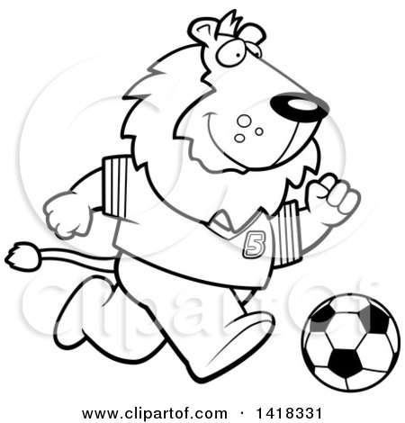 Cartoon Clipart of a Black and White Lineart Sporty Lion Playing Soccer - Royalty Free Vector Illustration by Cory Thoman