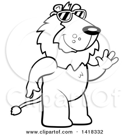 Cartoon Clipart of a Black and White Lineart Friendly Lion Wearing Sunglasses and Waving - Royalty Free Vector Illustration by Cory Thoman