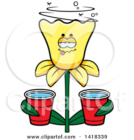 Cartoon Clipart of a Drunk Daffodil Flower Holding Cups - Royalty Free Vector Illustration by Cory Thoman