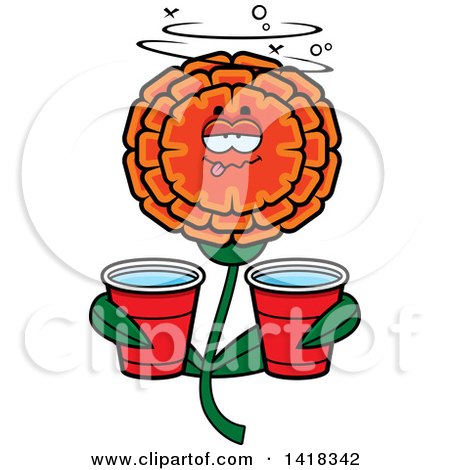 Cartoon Clipart of a Drunk Marigold Flower Holding Cups - Royalty Free Vector Illustration by Cory Thoman