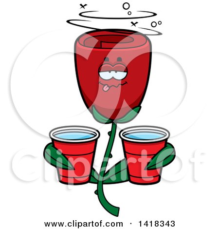 Cartoon Clipart of a Drunk Red Rose Flower Holding Cups - Royalty Free Vector Illustration by Cory Thoman