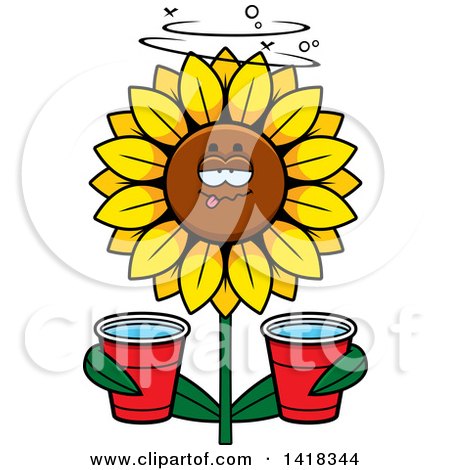 Cartoon Clipart of a Drunk Sunflower Holding Cups - Royalty Free Vector Illustration by Cory Thoman
