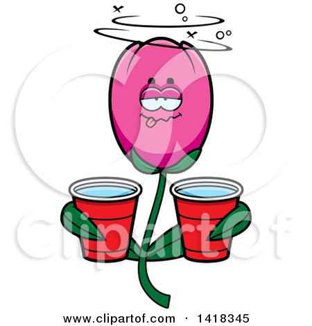 Cartoon Clipart of a Drunk Tulip Flower Holding Cups - Royalty Free Vector Illustration by Cory Thoman