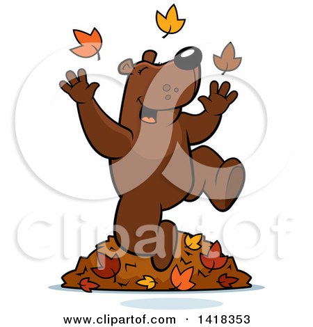 Cartoon Clipart of a Happy Bear Playing in Autumn Leaves - Royalty Free Vector Illustration by Cory Thoman