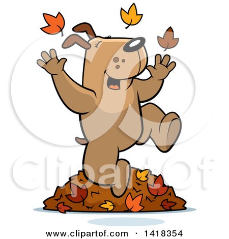 Cartoon Clipart of a Happy Dog Playing in Autumn Leaves - Royalty Free Vector Illustration by Cory Thoman
