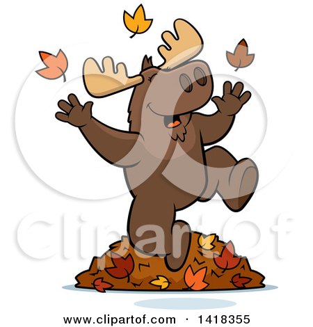 Cartoon Clipart of a Happy Moose Playing in Autumn Leaves - Royalty Free Vector Illustration by Cory Thoman