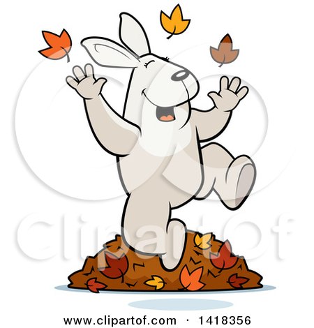 Cartoon Clipart of a Happy Rabbit Playing in Autumn Leaves - Royalty Free Vector Illustration by Cory Thoman