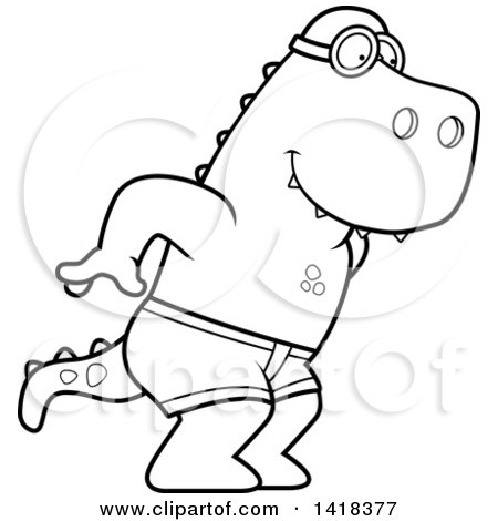 Cartoon Clipart of a Black and White Lineart Swimmer Tyrannosaurus Rex Diving - Royalty Free Vector Illustration by Cory Thoman