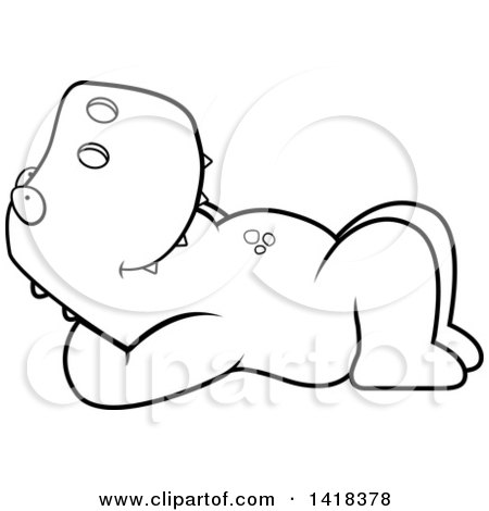 Cartoon Clipart of a Black and White Lineart Relaxed Tyrannosaurus Rex Resting on His Back and Stargazing - Royalty Free Vector Illustration by Cory Thoman