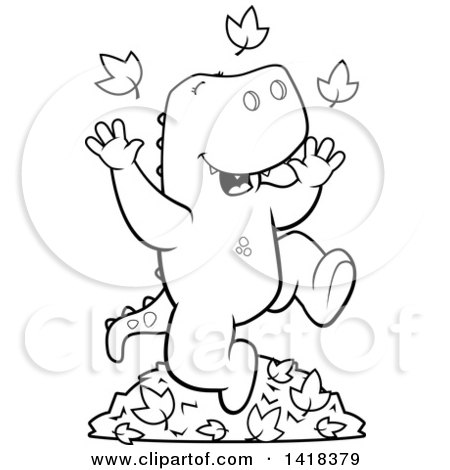 Cartoon Clipart of a Black and White Lineart Happy Tyrannosaurus Rex Playing in Autumn Leaves - Royalty Free Vector Illustration by Cory Thoman