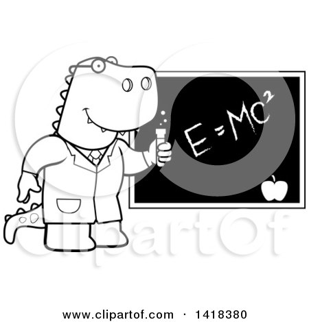 Cartoon Clipart of a Black and White Lineart Professor or Scientist Tyrannosaurus Rex by a Chalkboard - Royalty Free Vector Illustration by Cory Thoman
