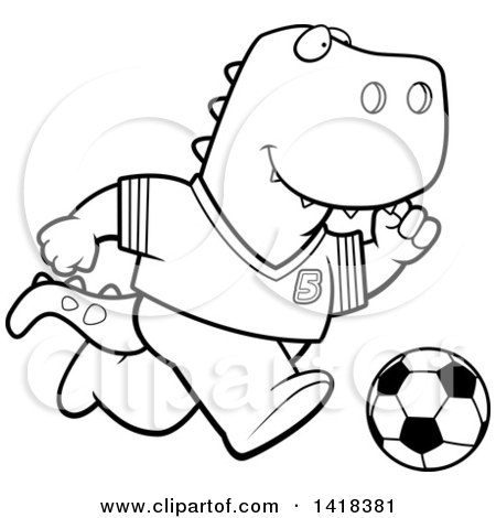 Cartoon Clipart of a Black and White Lineart Sporty Tyrannosaurus Rex Playing Soccer - Royalty Free Vector Illustration by Cory Thoman