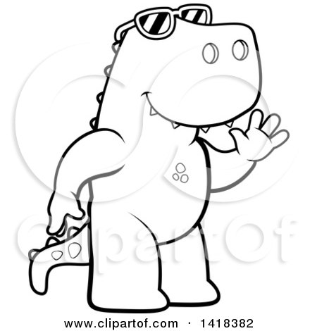 Cartoon Clipart of a Black and White Lineart Friendly Tyrannosaurus Rex Wearing Sunglasses and Waving - Royalty Free Vector Illustration by Cory Thoman