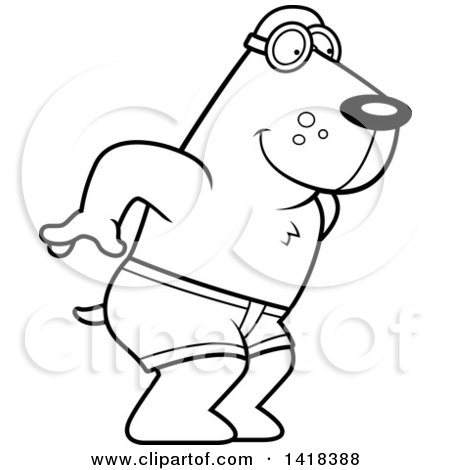 Cartoon Clipart of a Black and White Lineart Swimmer Dog Diving - Royalty Free Vector Illustration by Cory Thoman