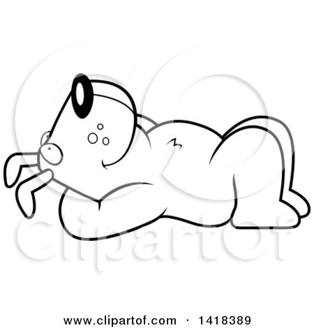 Cartoon Clipart of a Black and White Lineart Relaxed Dog Resting on His Back and Stargazing - Royalty Free Vector Illustration by Cory Thoman