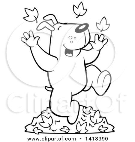 Cartoon Clipart of a Black and White Lineart Happy Dog Playing in Autumn Leaves - Royalty Free Vector Illustration by Cory Thoman