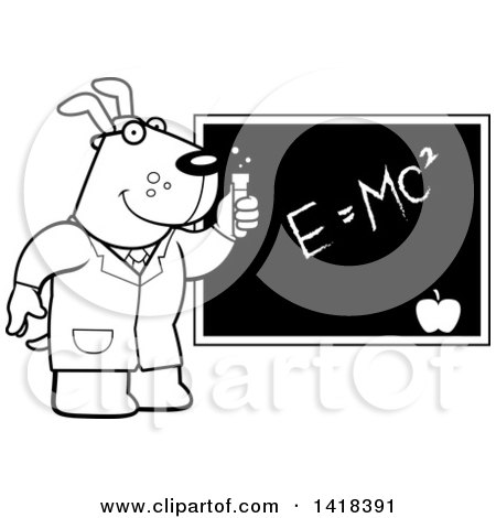 Cartoon Clipart of a Black and White Lineart Professor or Scientist Dog by a Chalkboard - Royalty Free Vector Illustration by Cory Thoman