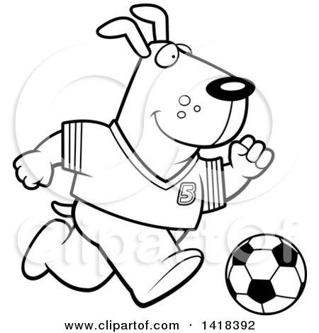 Cartoon Clipart of a Black and White Lineart Sporty Dog Playing Soccer - Royalty Free Vector Illustration by Cory Thoman