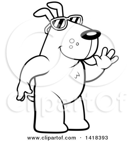 Cartoon Clipart of a Black and White Lineart Friendly Dog Wearing Sunglasses and Waving - Royalty Free Vector Illustration by Cory Thoman