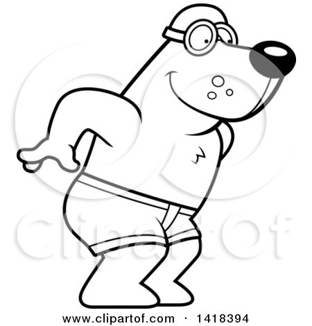 Cartoon Clipart of a Black and White Lineart Swimmer Bear Diving - Royalty Free Vector Illustration by Cory Thoman