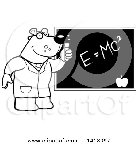 Cartoon Clipart of a Black and White Lineart Professor or Scientist Bear by a Chalkboard - Royalty Free Vector Illustration by Cory Thoman