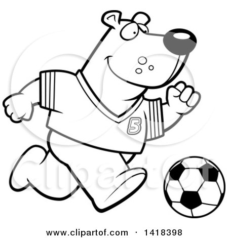 Cartoon Clipart of a Black and White Lineart Sporty Bear Playing Soccer - Royalty Free Vector Illustration by Cory Thoman