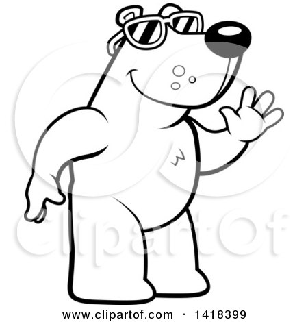 Cartoon Clipart of a Black and White Lineart Friendly Bear Wearing Sunglasses and Waving - Royalty Free Vector Illustration by Cory Thoman