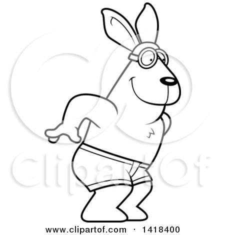 Cartoon Clipart of a Black and White Lineart Swimmer Rabbit Diving - Royalty Free Vector Illustration by Cory Thoman
