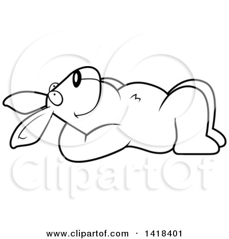 Cartoon Clipart of a Black and White Lineart Relaxed Rabbit Resting on His Back and Stargazing - Royalty Free Vector Illustration by Cory Thoman