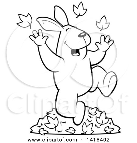 Cartoon Clipart of a Black and White Lineart Happy Rabbit Playing in Autumn Leaves - Royalty Free Vector Illustration by Cory Thoman